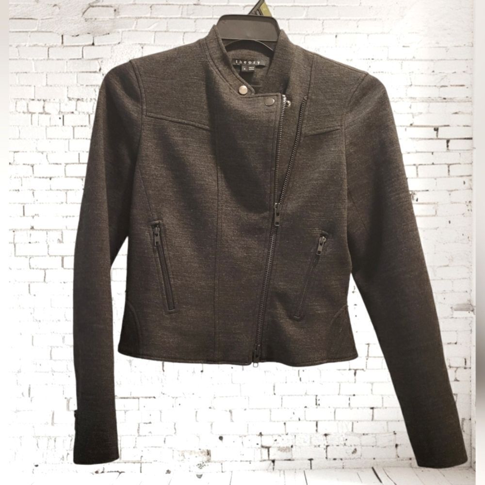 Theory Kinde Persuade Moto Jacket Coat Asymmetrical Grey 4 Euc